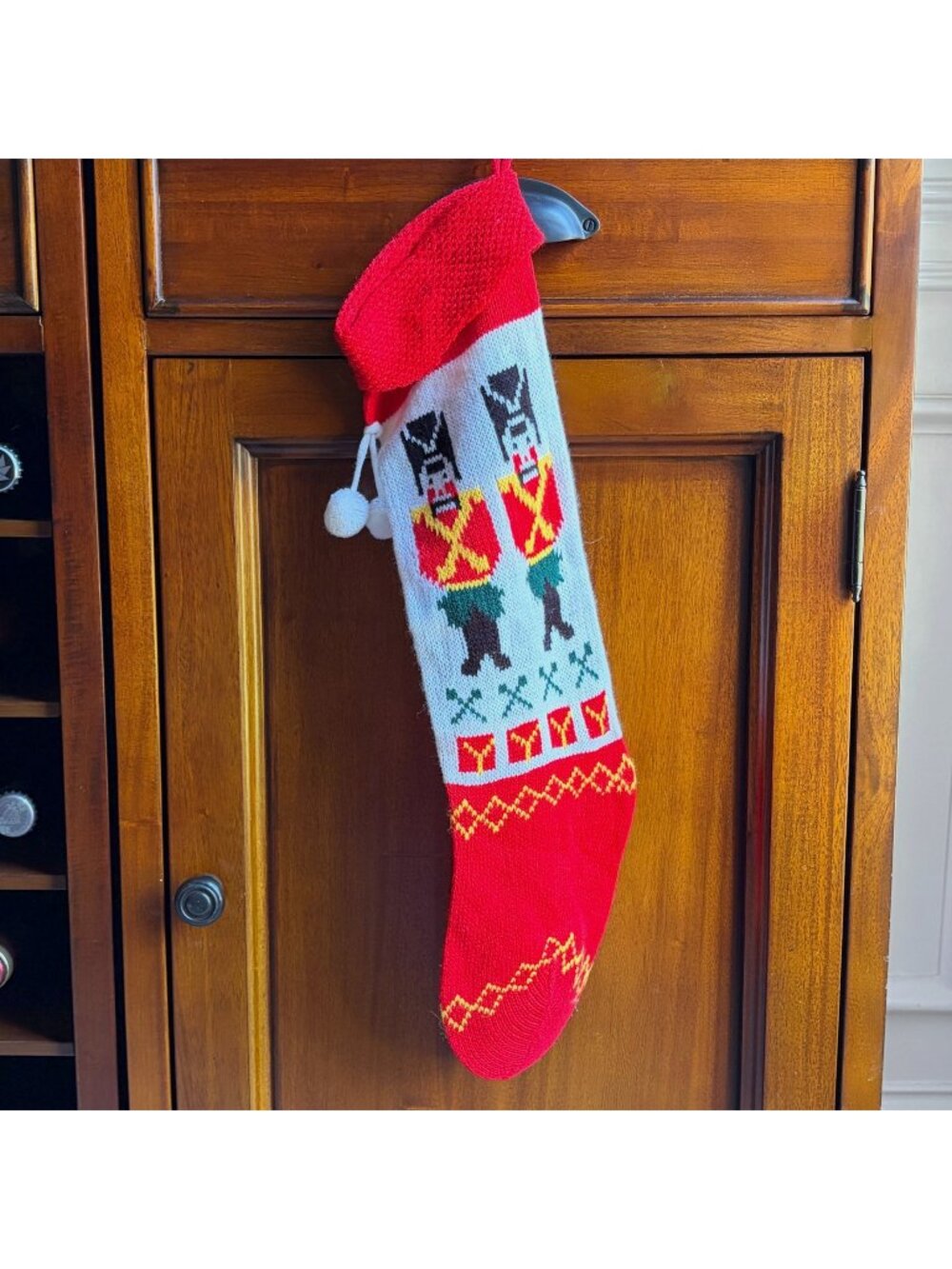 Vintage Knit Christmas Stocking Toy Soldier Nutcracker Red Pom Pom Retro MCM